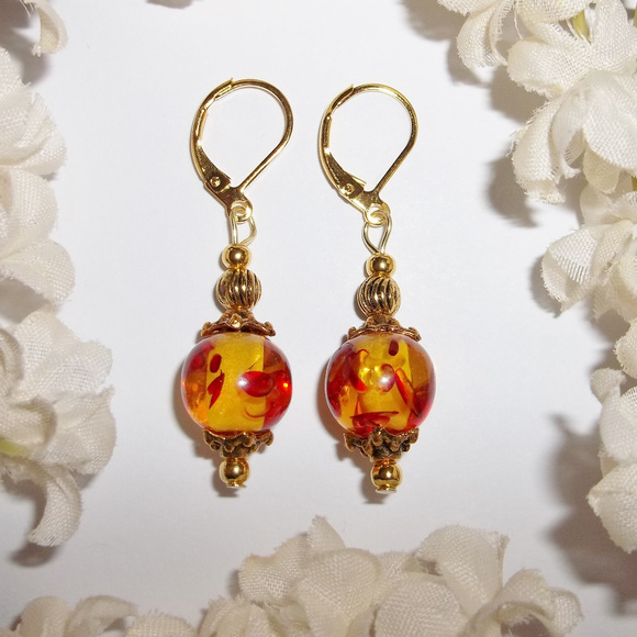wvluckygirl | Jewelry | Red Yellow Gold Beaded Earring Set Pair Nwt ...